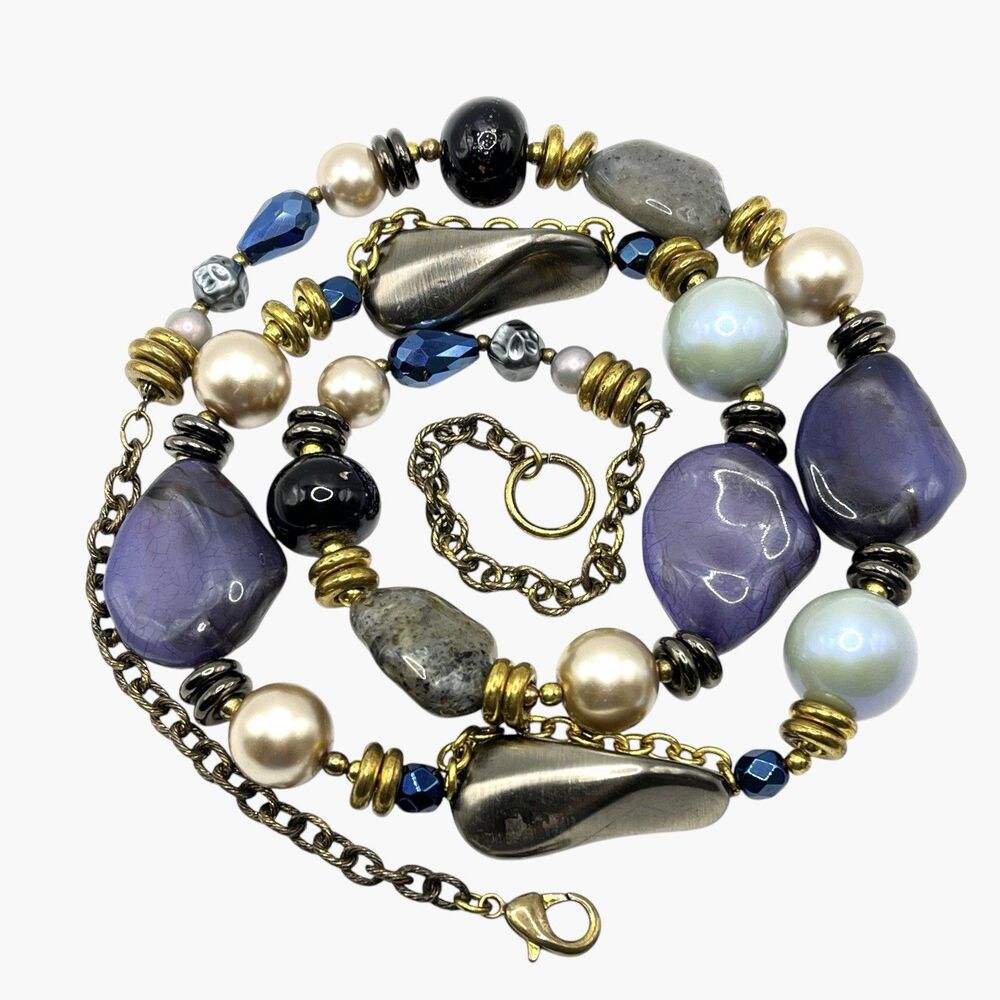 Chunky Beaded Statement Necklace Imitation Pearl Antiqued Boho Unique Jewelry